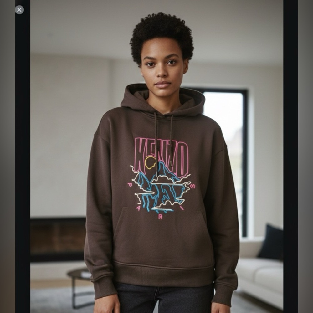 Kenzo Paris Black Hoodie Jacket with Multicolor Embroidered Graphic M